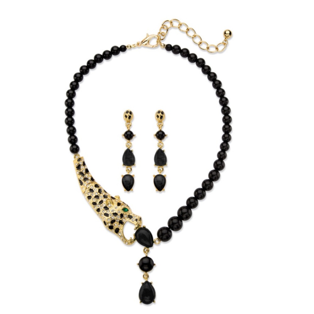 Crystal Leopard Genuine Onyx Stretch Bracelet in Yellow Goldtone
